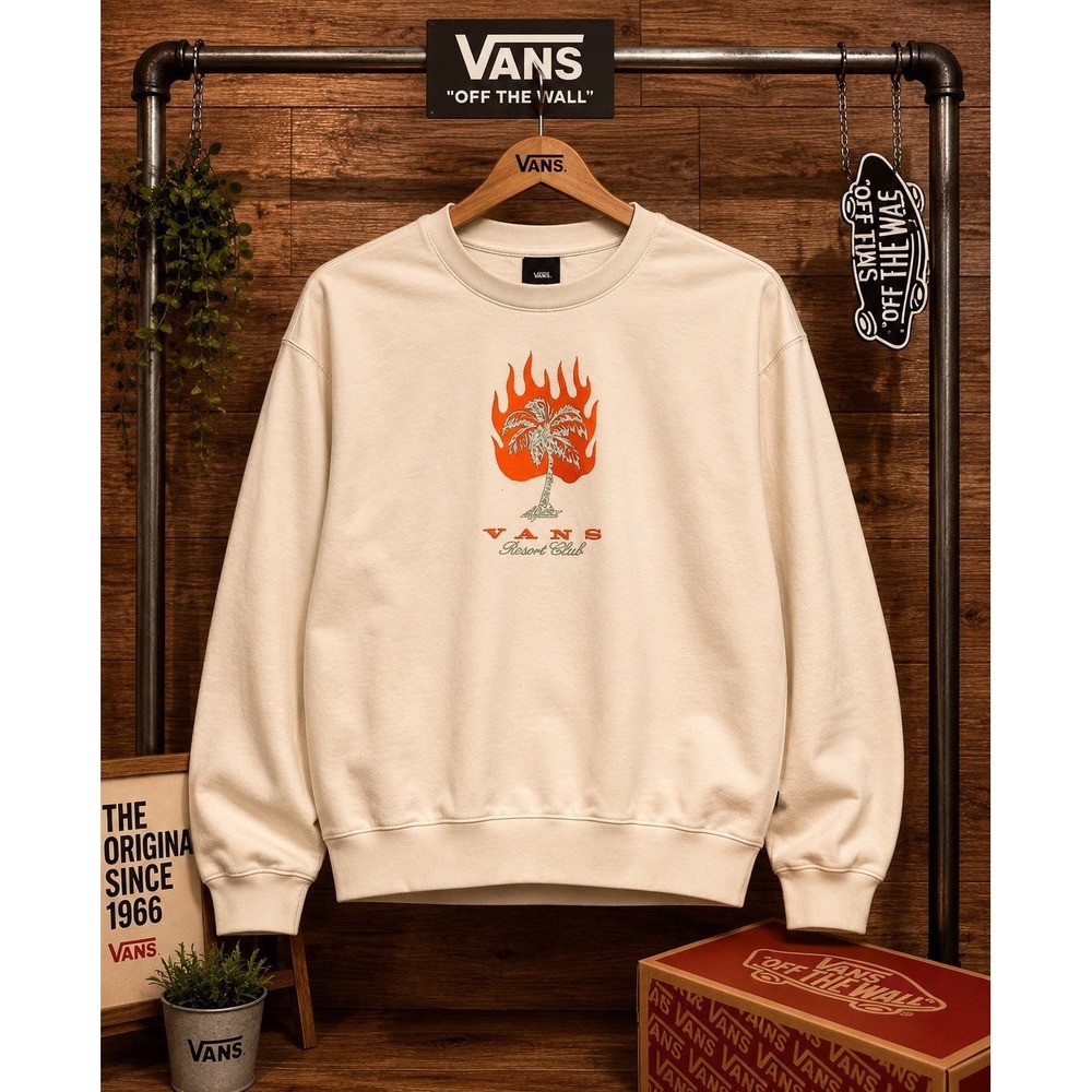 Vans Resort Club Crewneck Sweatshirt Wmn Small Palm Tree Flame Embroidered Beige